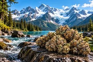 BC Bud cannabis flower beside a glacier-fed mountain lake in British Columbia, surrounded by evergreen forests and snow-capped mountains.